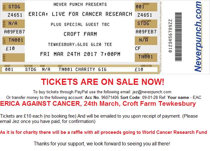 EricaBand10's tweet photo. @AlfieBoe 24 March 2017 #Erica #CharityGig for @WCRF_UK #RockingOutAgainstCancer #tickets £10.00 for more info @JezSprigg #PleaseRT ☀️ https://t.co/T9EBCAM94V