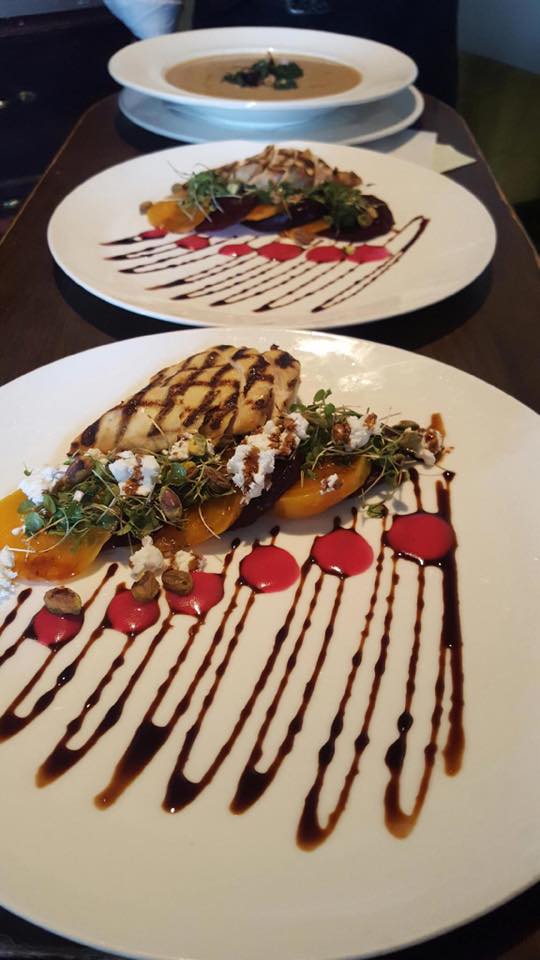 HotelBethlehem's tweet photo. Roasted organic beet salad w/ pistachio, goat cheese, arugula, white balsamic beet vinaigrette &amp; grilled chicken for lunch! #taproomthursday https://t.co/O1pRKwdQ0q
