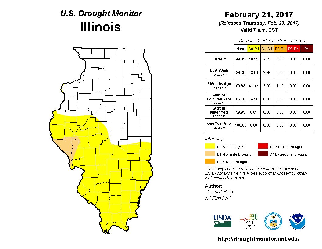 NOAANCEI's tweet photo. February 21: Abnormal dryness expanded across southern Illinois #ILdrought https://t.co/hs7rCpQMsY #DroughtMonitor https://t.co/23GtjCsIEw
