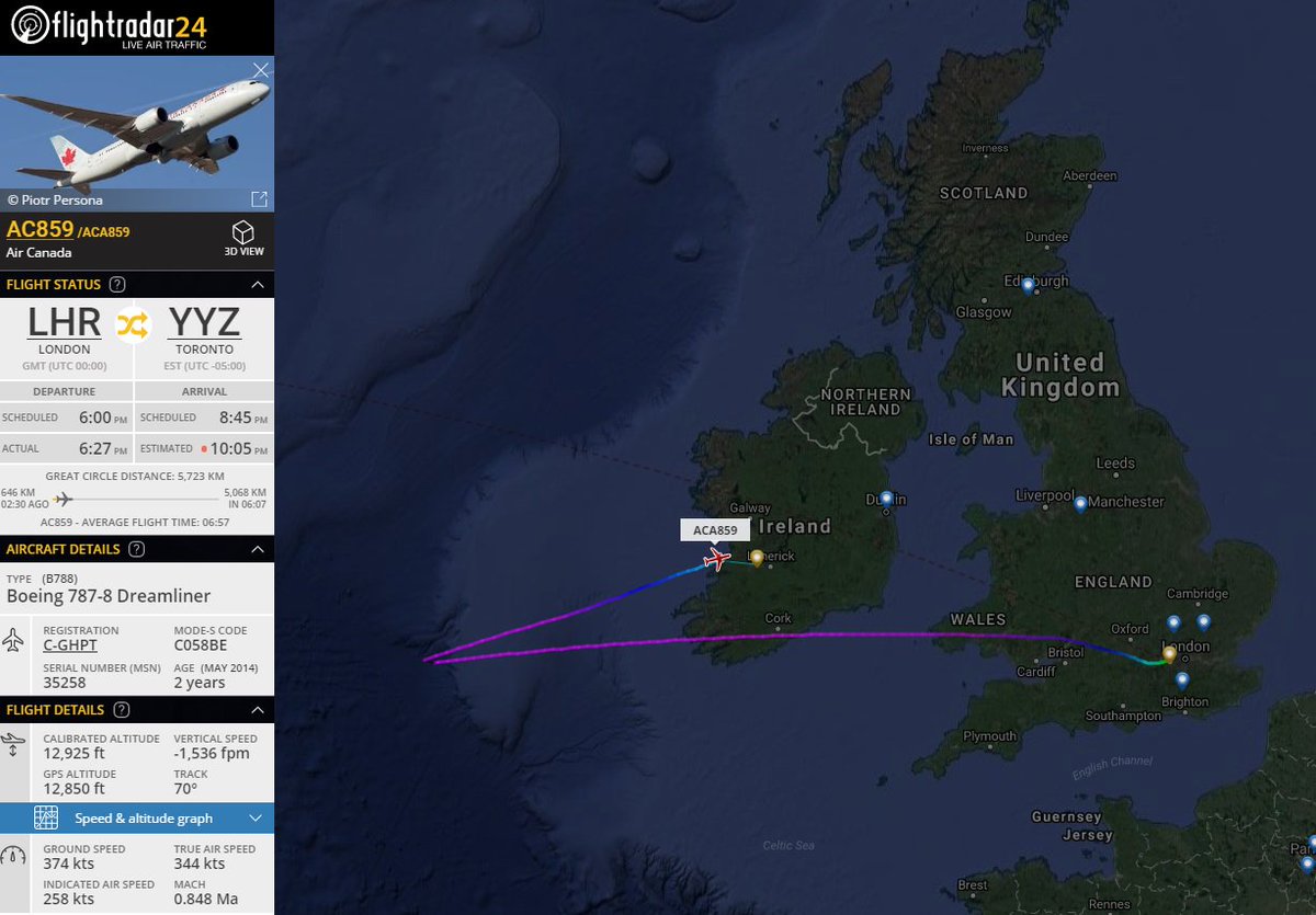 AirportWebcams's tweet photo. LIVE: Air Canada #AC859 London Heathrow-Toronto (787-8 C-GHPT) diverting to Shannon w/ medical emergency | Via @AviationNewsIRL @TomPodolec https://t.co/PJJROGmjdF