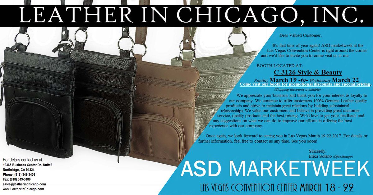 abiiLEATHER's tweet photo. Happy Thursday! 24-Days Left 'til the Vegas ASD Tradeshow! Look forward to seeing u there!
#FridayEve #ASD #ASDmarketweek #wholesaler https://t.co/T1GQmikR4e