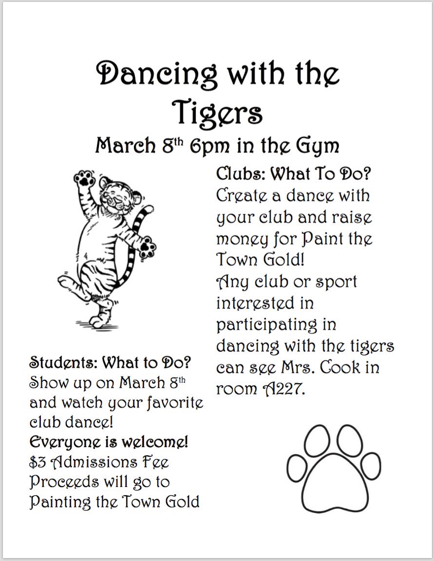 ehs_orangerush's tweet photo. NHS presents dancing with the tigers! If your club would like to participate they need to sign up with Mrs.Cook tomorrow! https://t.co/6OzrGsCKNW