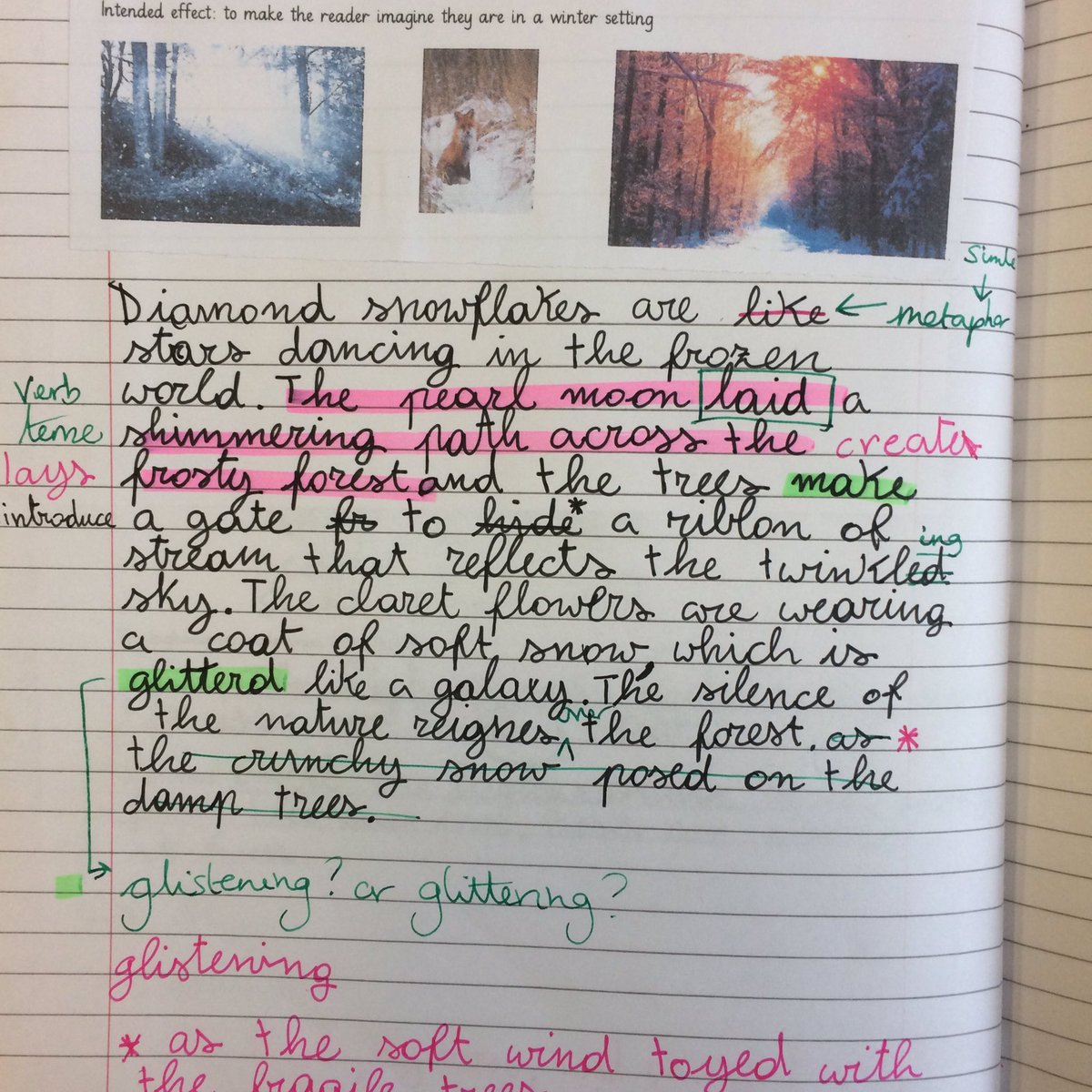 Miss_Foot's tweet photo. Short burst writing from a child new to the country. The power of having a snowy woodland.@Talk4Writing @PieCorbett https://t.co/gHXOINkT6s