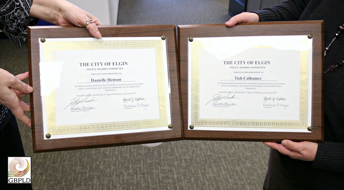 gailbrdnlibrary's tweet photo. Congratulations to our very own Tish &amp; Danielle for their #CommunityService Awards from the @ElginPD. 

#ElginIL #Elgin365 #awards https://t.co/1LhgW04uy8