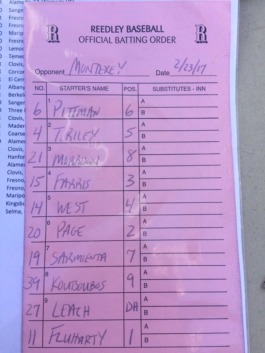 RCBTigers's tweet photo. Reedley College Baseball's lineup https://t.co/NRIbUKKwRZ