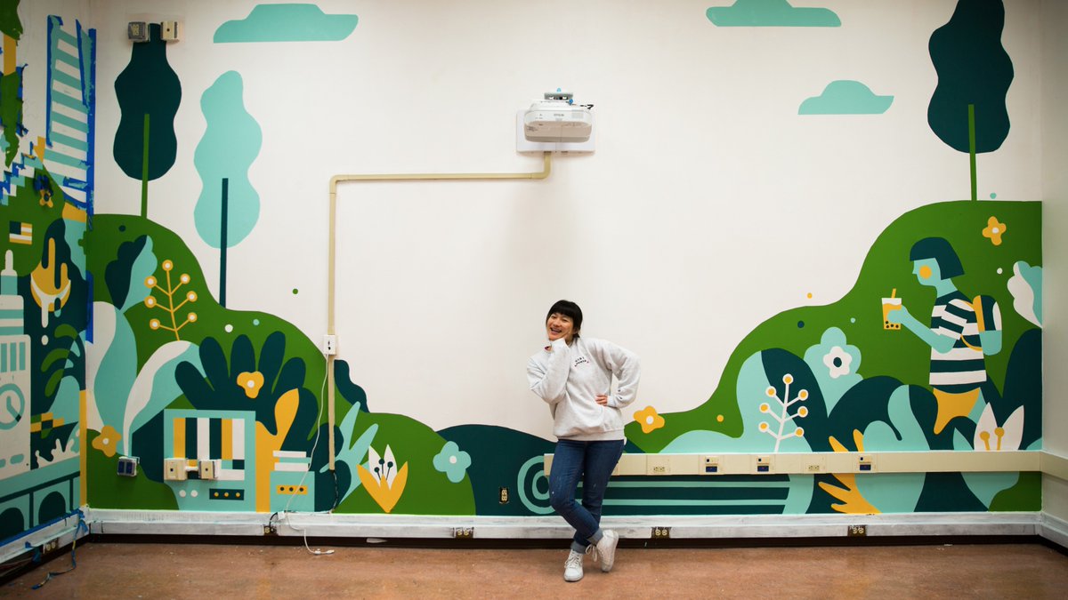 DropboxDesign's tweet photo. During Hack Week, our Brand Studio painted an SF-themed wall mural at Mission High School 🎨 #DropboxForGood https://t.co/5KrxKMBqby