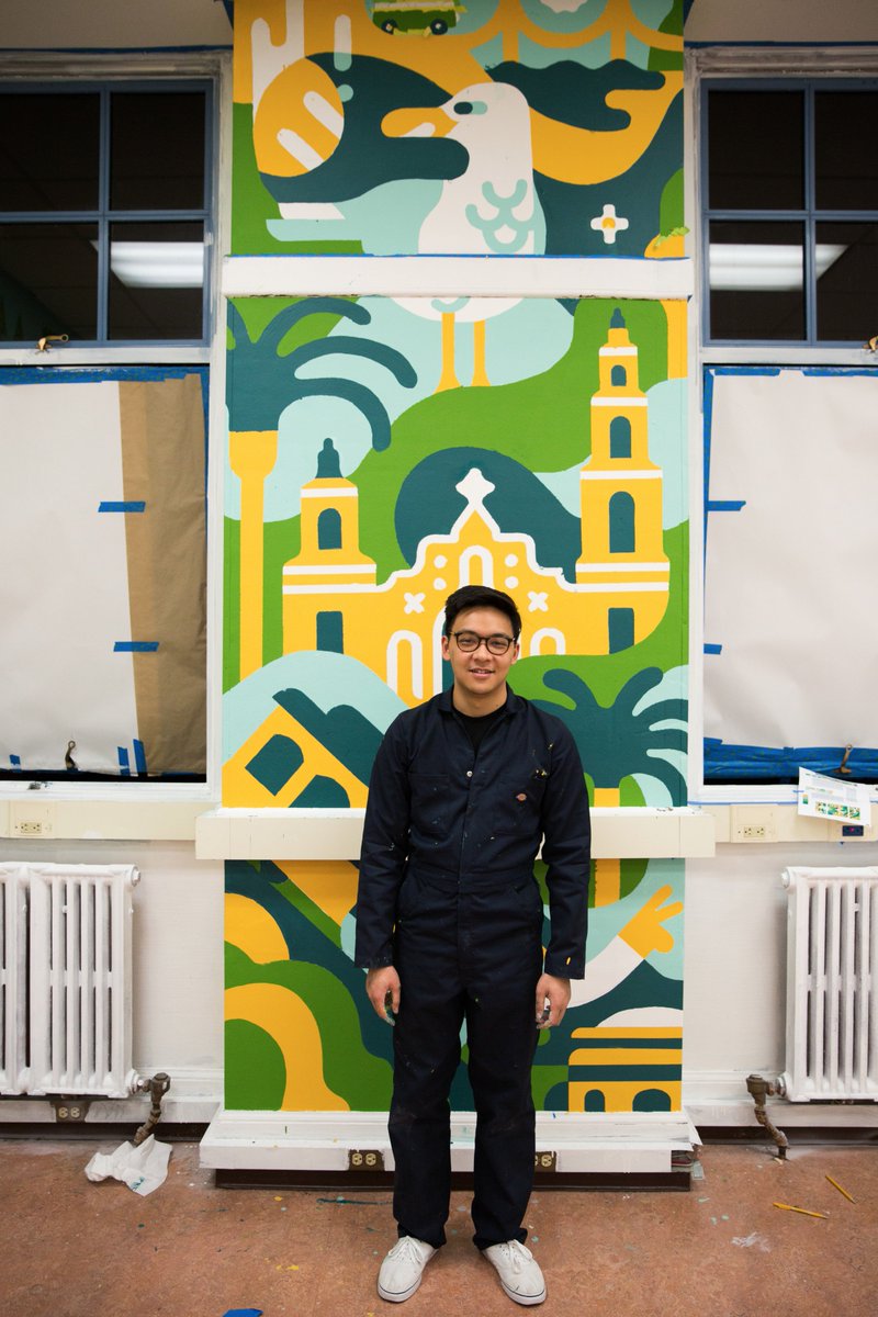 DropboxDesign's tweet photo. During Hack Week, our Brand Studio painted an SF-themed wall mural at Mission High School 🎨 #DropboxForGood https://t.co/5KrxKMBqby