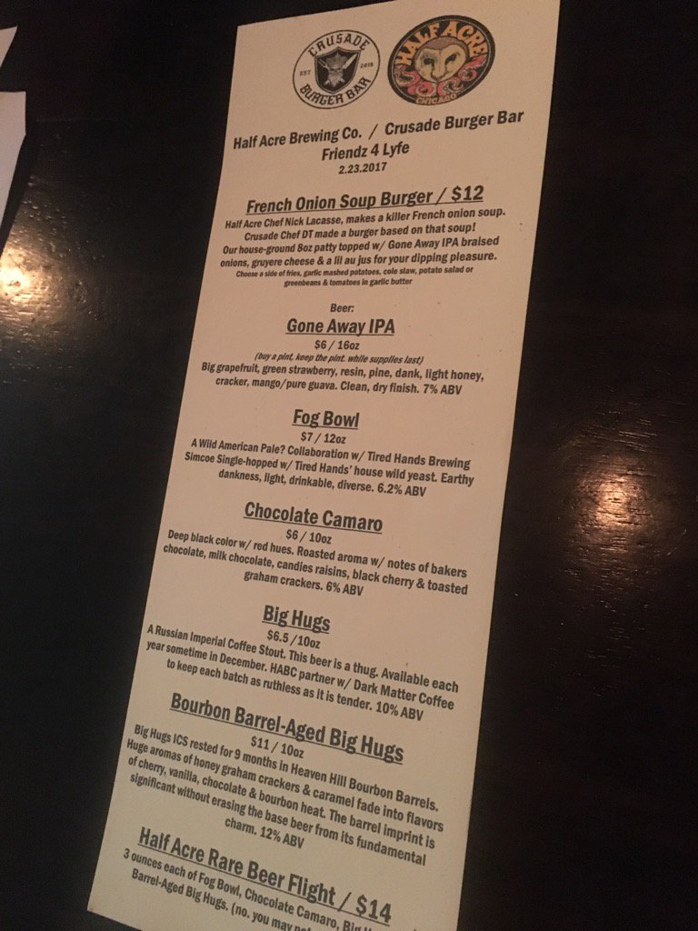 drewdaly83's tweet photo. Getting prepped up for our Friends 4 Lyfe night with @Crusadeburger @HalfAcreBeer https://t.co/azsB47qQHi