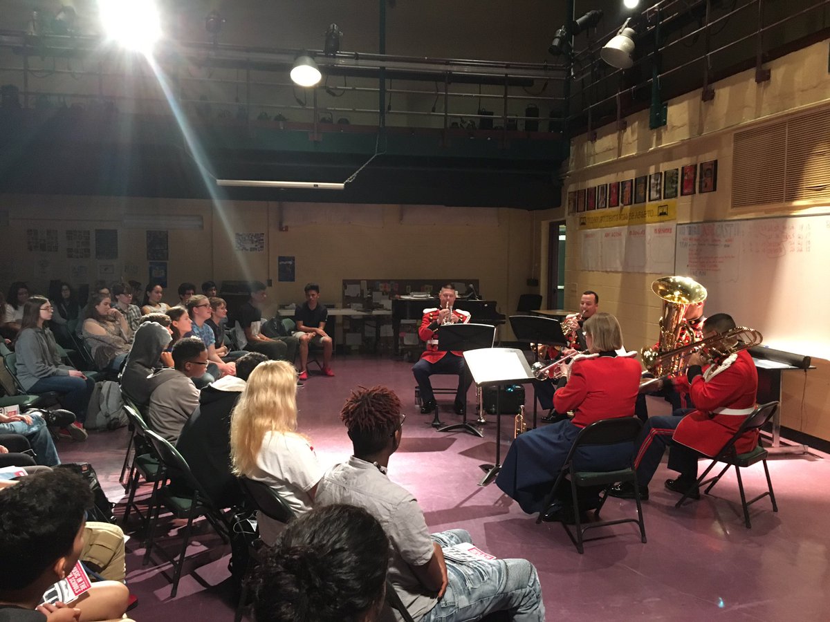 Great honor to host the US <a href="/marineband/">Marine Band</a> brass quintet today at AEHS with our Concert Band students! #outreach #tones