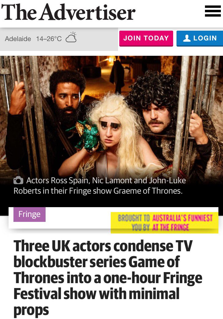 GraemeTheShow's tweet photo. Lovely mention in @theTiser today @adelaide_fringe @TheGardenofUD 🐉🔥🌨 https://t.co/o4nG49RG7i