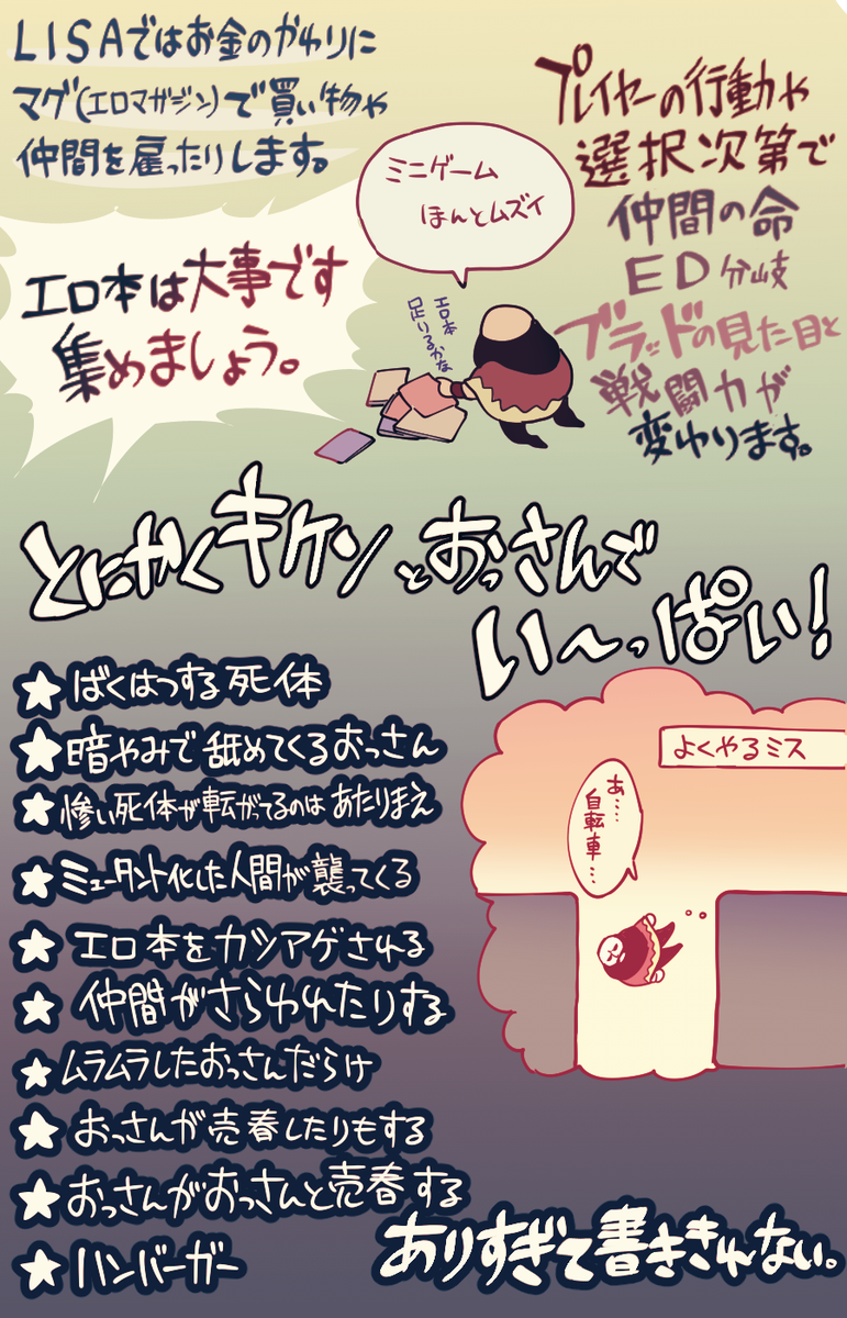 ﾝﾋｰｯ ノラサメくん Lisa The Painful というゲームの紹介を描きました おおまかに描いたので詳しいお話やおっさん達は是非本編で 主人公ブラッドの愛と凶暴さとその他愉快なおっさん達を堪能してほしい