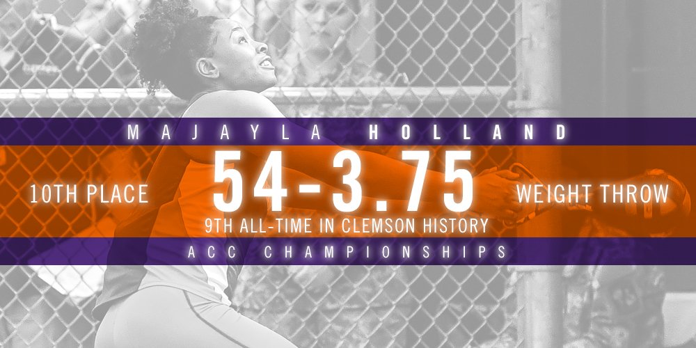 ClemsonTrackXC's tweet photo. Majayla Holland advances to 9th in program history with a personal best in the weight throw to kick off the ACC Championships for #Clemson! https://t.co/XFpQGdRcg3