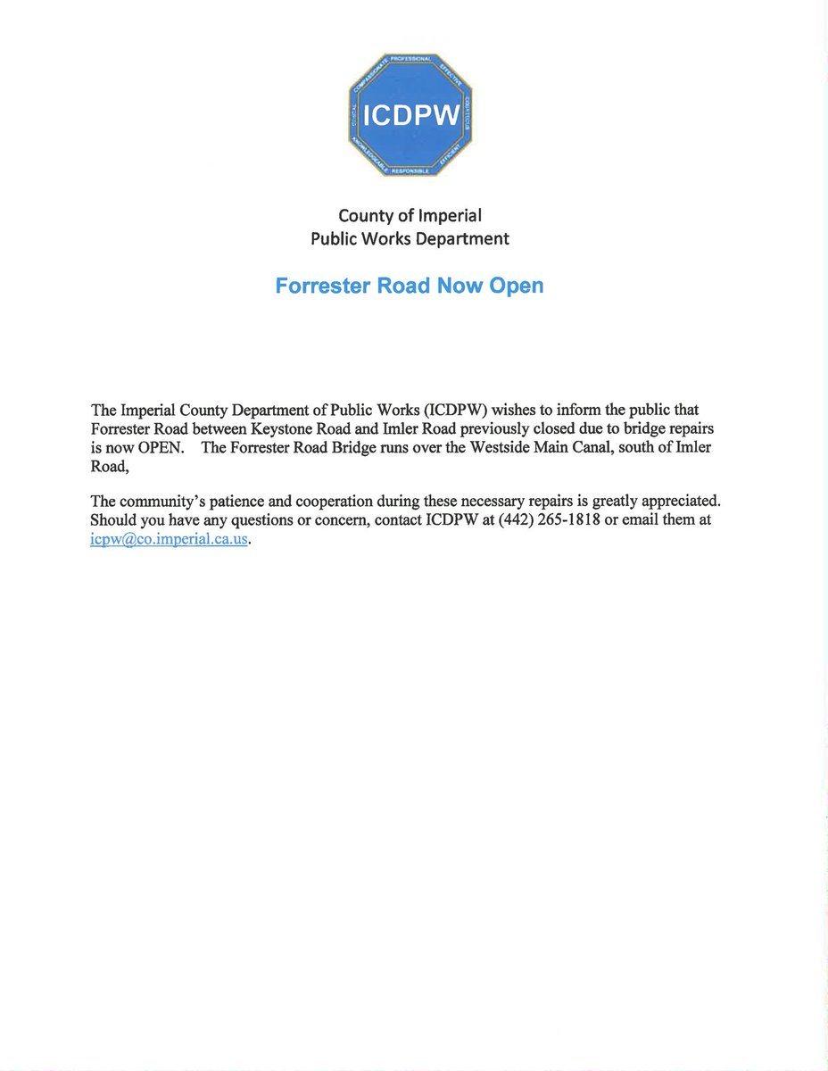 CountyDpw's tweet photo. Forrester Road between Keystone Road and Imler Road is now open. https://t.co/yITJ52PZiy