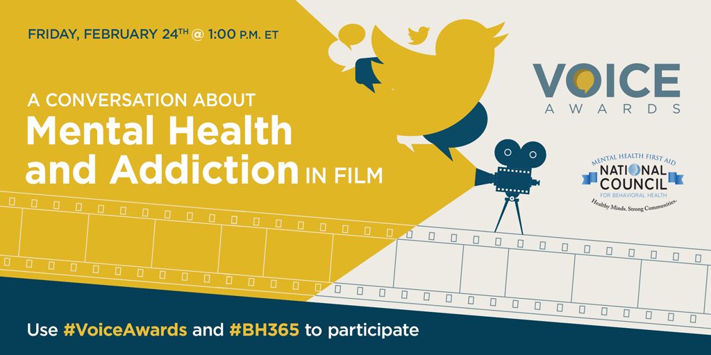 samhsagov's tweet image. HAPPENING TOMORROW at 1 p.m. ET: Twitter chat on #mentalhealth &amp;amp; #addiction in film. Join the conversation using #VoiceAwards and #BH365.