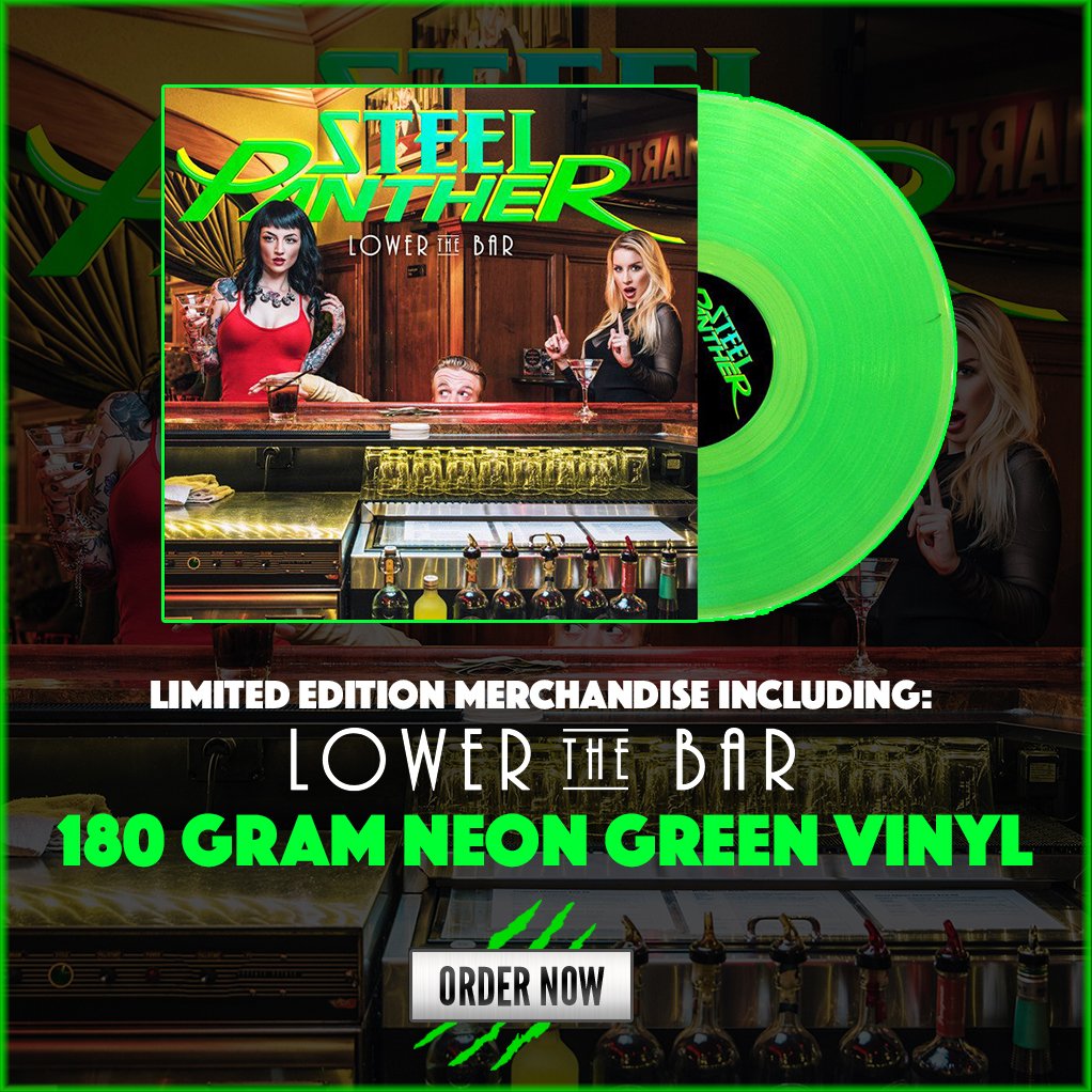 Steel_Panther's tweet photo. Look at that fuckin' sexy NEON GREEN #LowerTheBar vinyl!!  Grab yours at: https://t.co/myIK5yBacz https://t.co/UF1Ma9B1D9