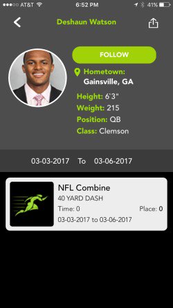 MyCombinePro's tweet photo. Does anyone care to follow Deshaun at the combine? #deshaunwatson
#nflcombine DOWNLOAD THE APP MY COMBINE PROFILE https://t.co/Do9QBeavGc