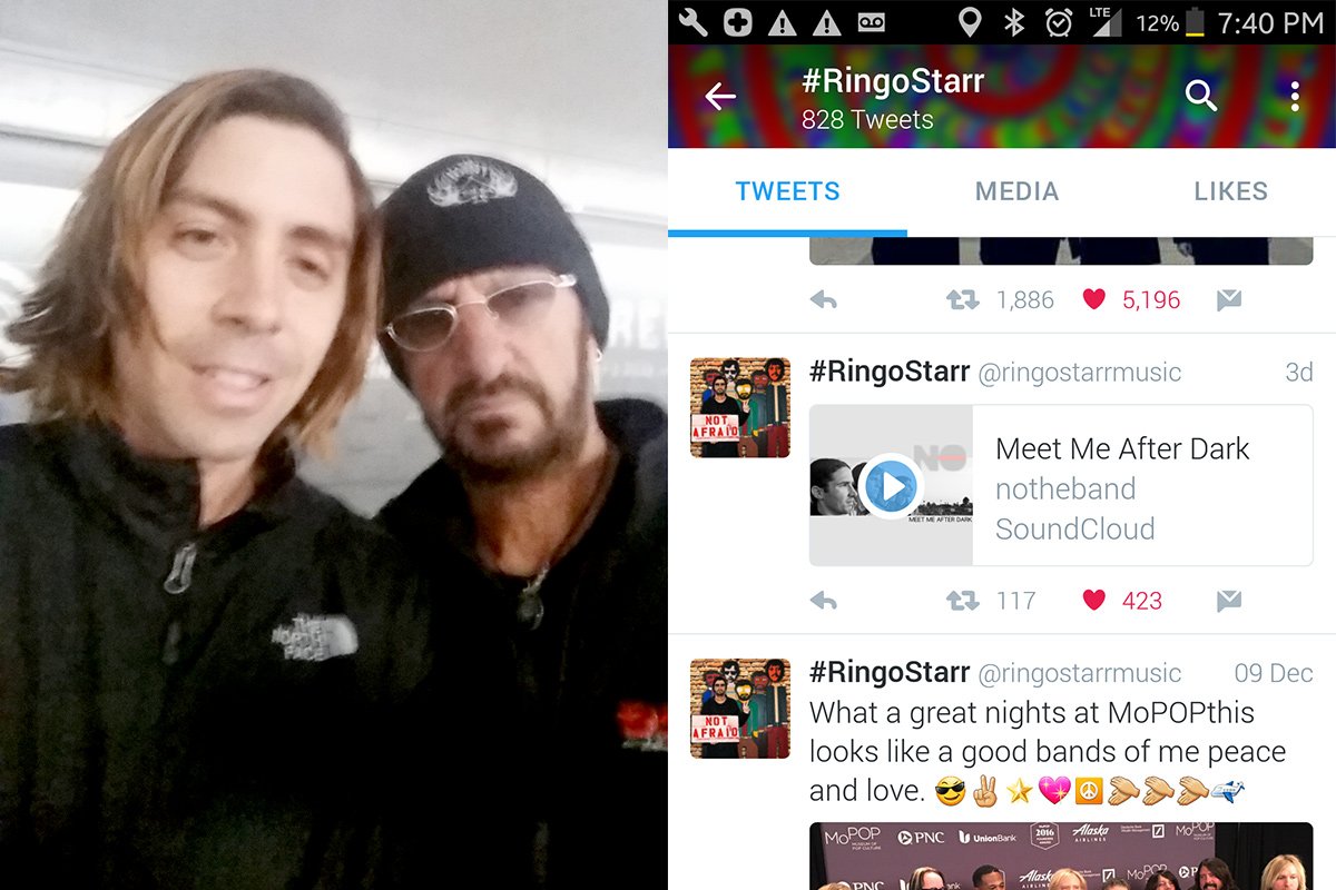 softstarshoes's tweet photo. Tim Jarzabek of the band NO met Ringo Starr, who complimented Tim on his Softstar shoes! Ringo also shared a NO song on Twitter 🎶 @followno https://t.co/V8qHaA9814