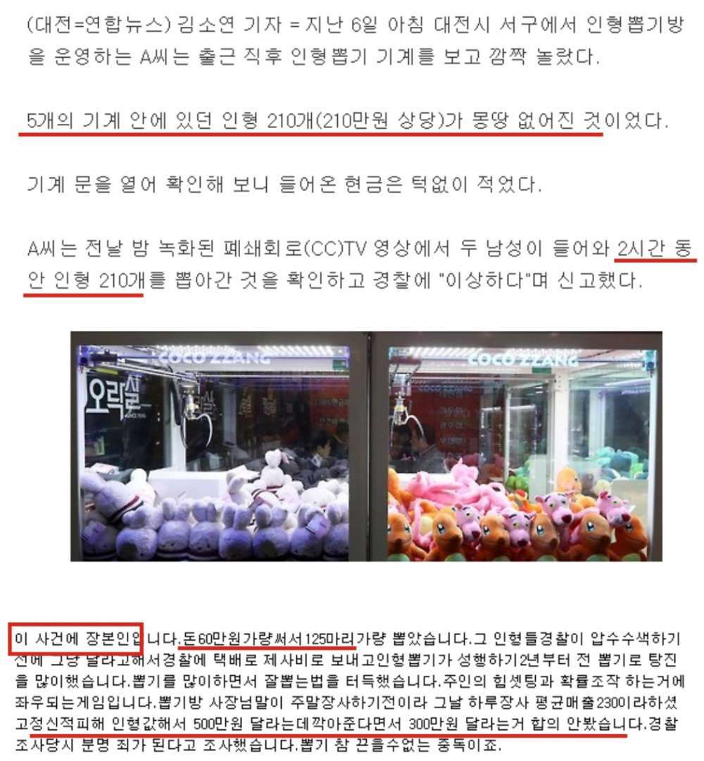 인형뽑기 사건 장본인 등장... 그냥 인형뽑기 고수였는데 주인이 역협박한걸로