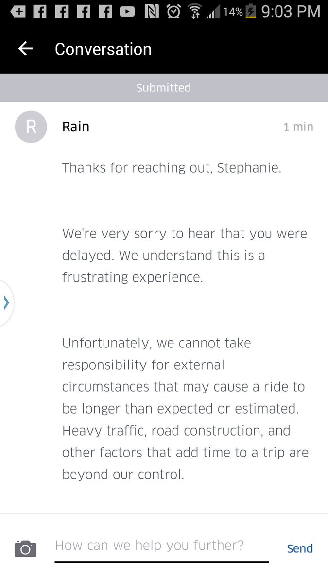 StephStrawGames's tweet photo. Now this is just comical. I've received almost the exact same copy/paste response from 3 different customer service reps. #UberSucks @Uber https://t.co/MlGgVFlH1S