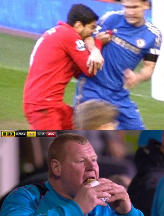 TheClubPark's tweet photo. Luis Suarez: Eats 3 people, keeps his job.

Wayne Shaw: Eats 1 pie, loses his job. https://t.co/RMmSYdAn0Q
