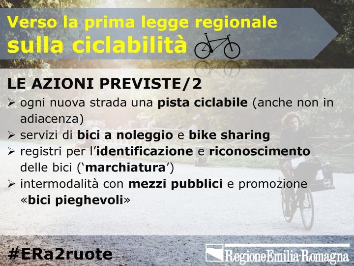 Nuova legge <a href="/RegioneER/">Regione Emilia-Romagna</a> ciclabilita': 25milioni € x nuove piste ciclabili, velostazioni, intermodalita' con treni, bike sharing <a href="/fiabonlus/">Fiab Onlus</a>