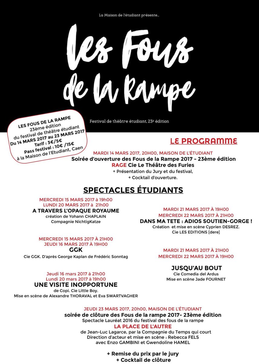 CaenMDE's tweet photo. [Théâtre étudiant ] Voici le programme du festival Les Fous de la Rampe du 14 au 23 mars 2017 @normandieuniv @CrousCaen  @Universite_Caen https://t.co/iJ9Y37jnk0