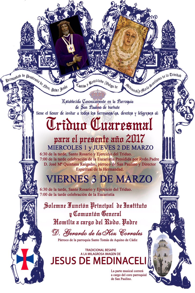 Recuerda!Hoy 1º viernes de Marzo tercer día de Triduo Cuaresnal. 19:00h en la P. San Paulino. Hoy Viernes de Besapie al Señor de Barbate.
