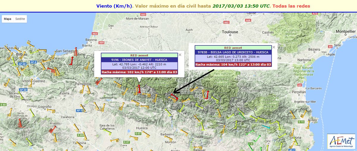 AEMET_Aragon's tweet photo. Rugiendo el #viento S y SE en #Aragón por delante del #frente. En alta montaña se superan los 100 Km/h #Anayet (2210 m) #Urdiceto (2506 m) https://t.co/9agMD4zObf
