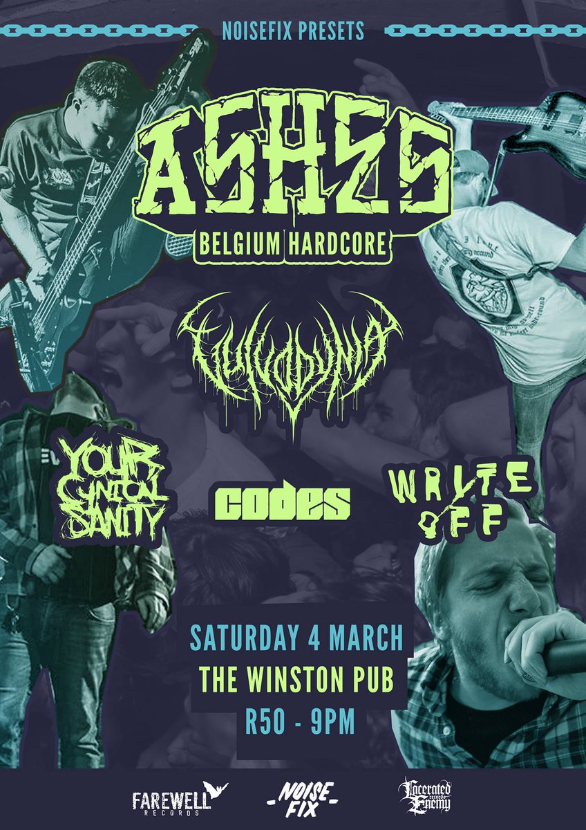 NoiseFix's tweet image. Tomorrow night at The Winston, catch Belgium hardcore act Ashes with Vulvodynia, YCS, Codes and Write Off. R50 gets you in, merch on sale.