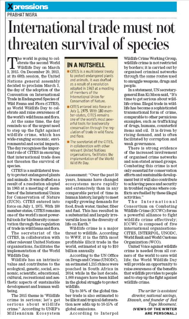 #MyArticle '#InternationalTrade must not threaten #SurvivalOfSpecies' @HT_UttarPradesh, 03/03/2015 tinyurl.com/k7aengs #WorldWildlifeDay