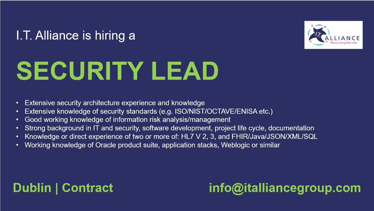 ITAllianceRS's tweet photo. Security Lead - #Dublin Contract Role. If interested email CV's to info@italliancegroup.com #securitylead #jobfairy #job https://t.co/HIUqG56ZWL