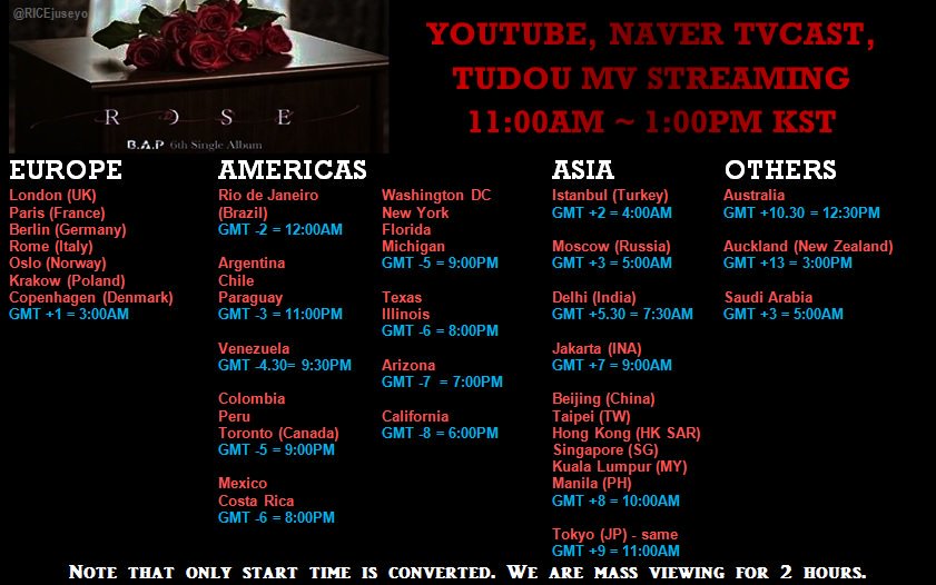 RICEjuseyo's tweet photo. [#BABYZSUPPORT] 🌹PLS RT!!🌹
MASS MV STREAMING SCHEDULE! #ROSE #BAP6THSINGLE 
▪4AM~6AM
▪11AM~1PM
▪6PM~8PM
▪10PM~12AM
*All timings in KST. https://t.co/WO22EODQZn