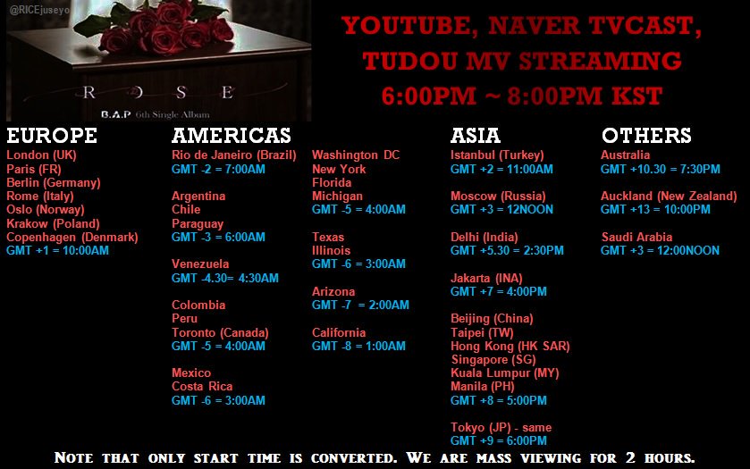 RICEjuseyo's tweet photo. [#BABYZSUPPORT] 🌹PLS RT!!🌹
MASS MV STREAMING SCHEDULE! #ROSE #BAP6THSINGLE 
▪4AM~6AM
▪11AM~1PM
▪6PM~8PM
▪10PM~12AM
*All timings in KST. https://t.co/WO22EODQZn