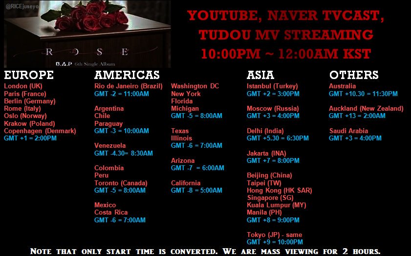 RICEjuseyo's tweet photo. [#BABYZSUPPORT] 🌹PLS RT!!🌹
MASS MV STREAMING SCHEDULE! #ROSE #BAP6THSINGLE 
▪4AM~6AM
▪11AM~1PM
▪6PM~8PM
▪10PM~12AM
*All timings in KST. https://t.co/WO22EODQZn
