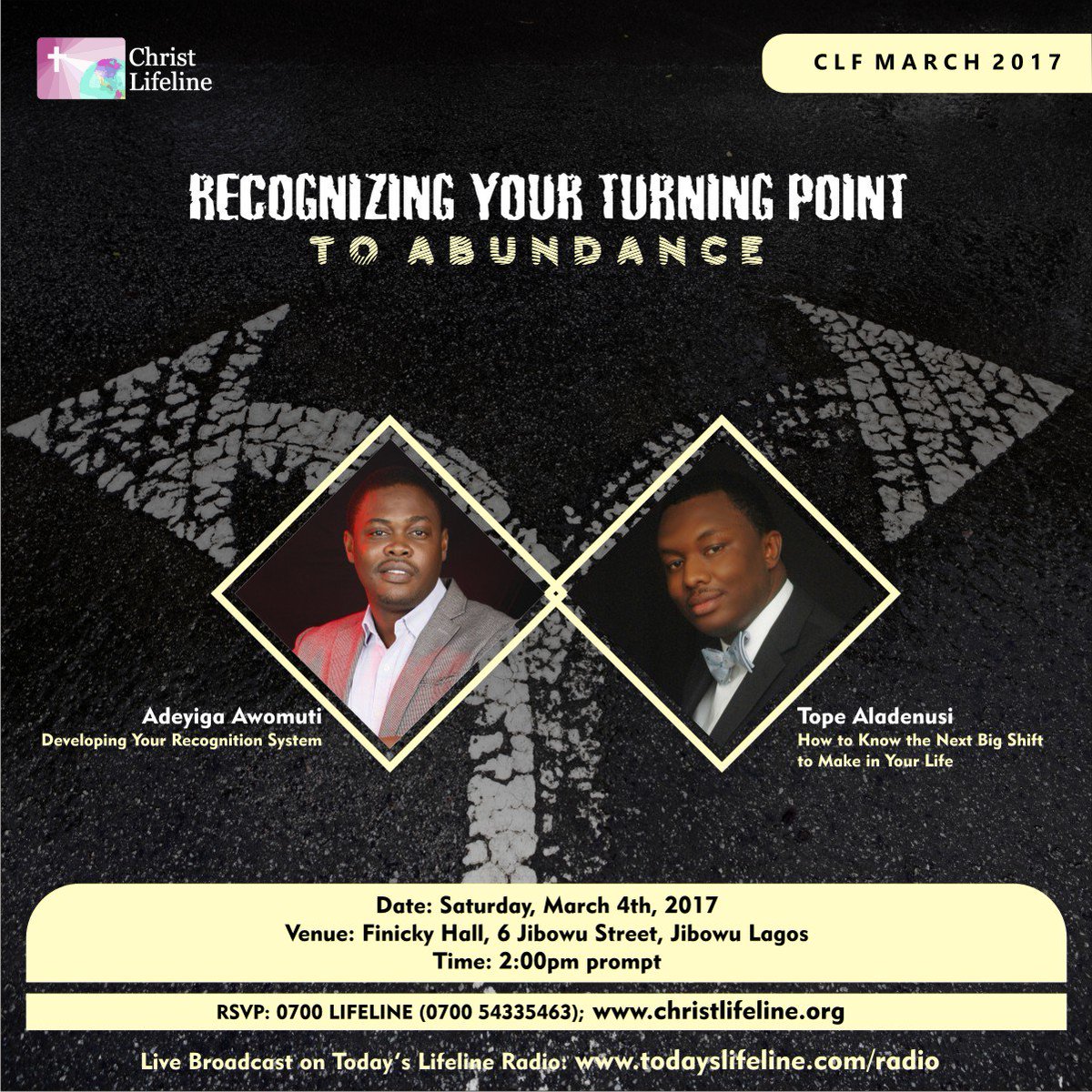 ChristLifeline's tweet photo. #Tomorrow #CLFMarch2017 #2PM #WeAwaitYou! @TopeAladenusi @goajibade @Yiga_Awomuti @Seguneshorun @olueh @_adeKunley @ayodexa @tosinaladenusi https://t.co/b9gjGE5FEF