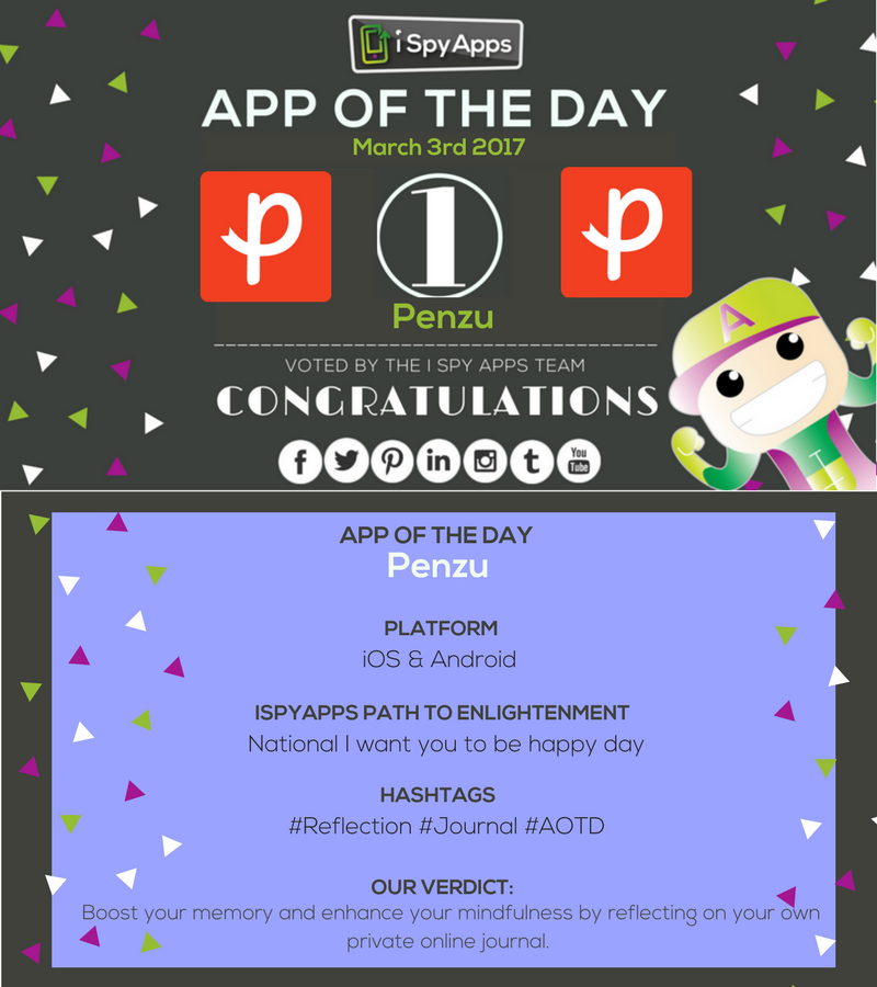 iSpyAppsGames's tweet photo. Since it's #IWantYouToBeHappyDay, @Penzu is our #AppOfTheDay! Be mindful, track patterns, and keep your private thoughts safe and secure! https://t.co/6gWrh9OBZN