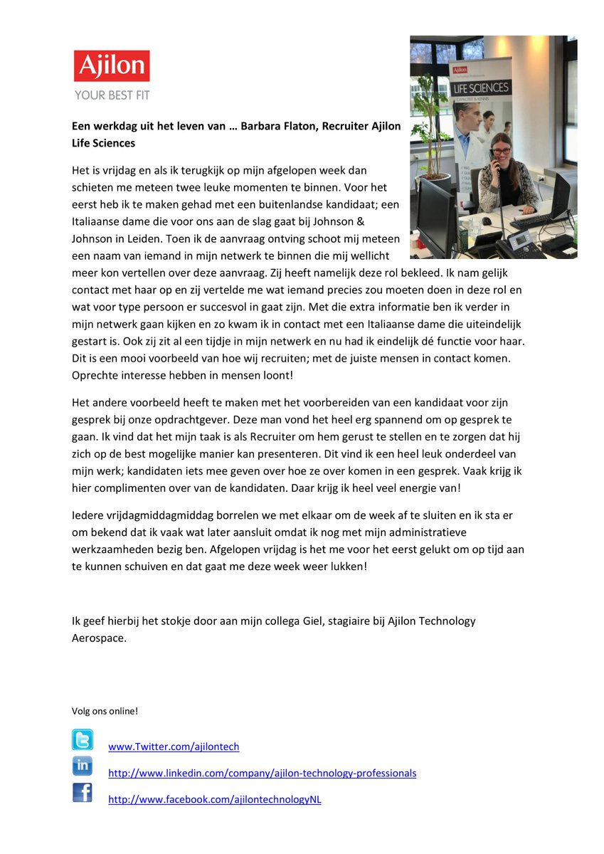 Deze week op vrijdag ipv woensdag: De werkdag van.. Barbara Flaton, Recruiter bij Ajilon Life Sciences. #AjilonNL