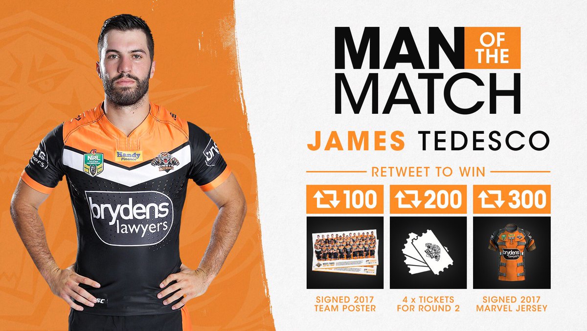 WestsTigers's tweet photo. #RETWEET to congratulate the flying @jamestedesco93 as tonight's Man of the Match and you could win some awesome prizes! 🙌🤗

#RisingUp https://t.co/CRIQVrocwD