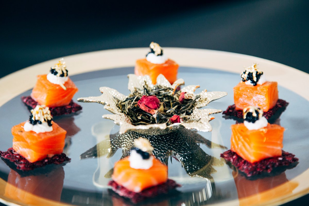 Luxury Salmon, Caviar and Gold leaf canapes infused with our 2* Great Taste Award Winning Green Earl Grey with Vanilla and Rose...
