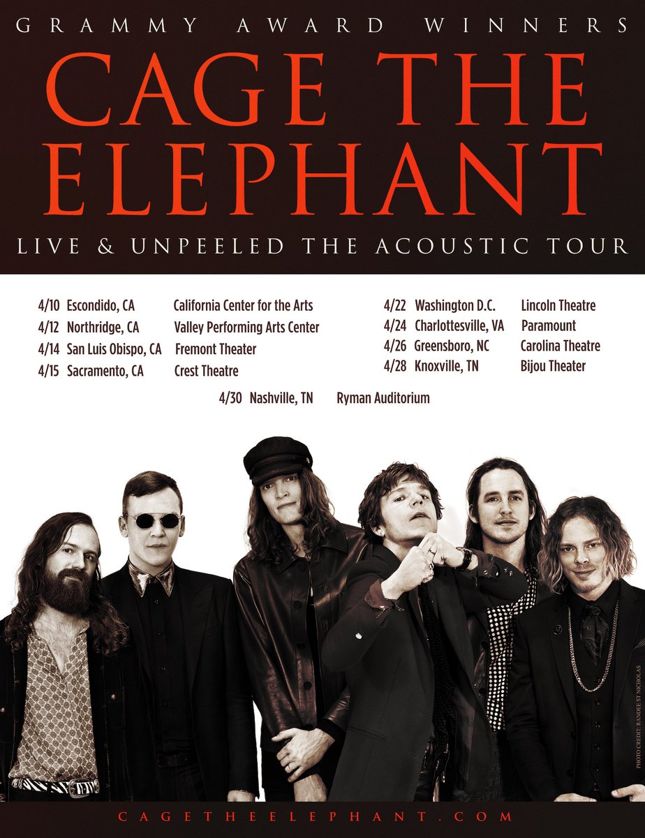 CageTheElephant's tweet photo. Cage The Elephant are pleased to announce Live &amp; Unpeeled: The Acoustic Tour.

Learn more here:
https://t.co/mI7XsepwzU 

🍊🎼🎻#unpeeled https://t.co/uEyovrsBqj