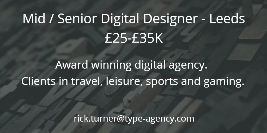 Please RT! 

Brand new role here for a middleweight digital designer who wants to step up into a senior role: 

type-agency.com/#vacancy-783