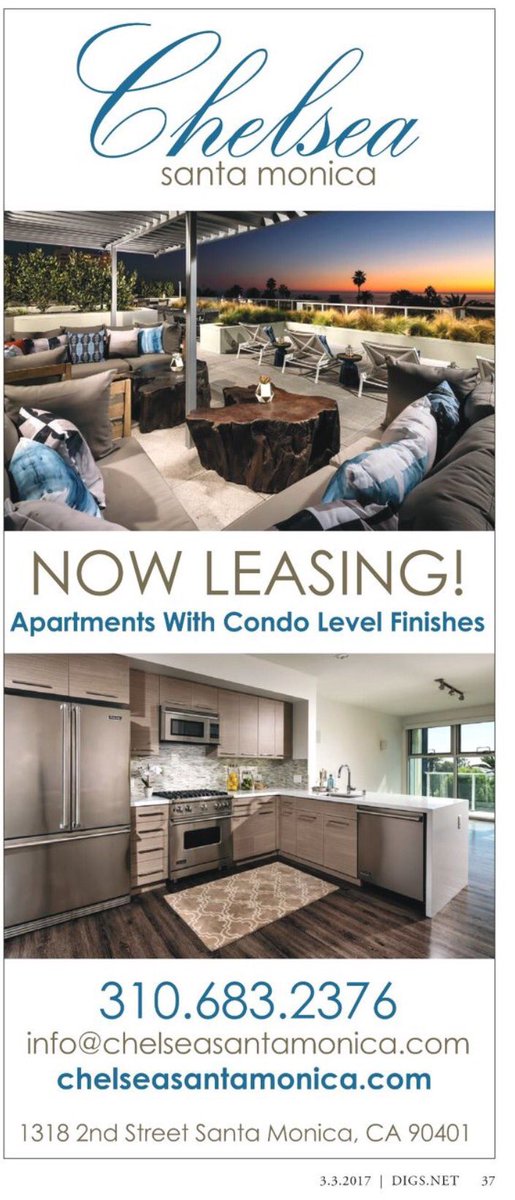 ChelseaSMApts's tweet photo. Our ad is in @westsidedigs #livechic #livecoastal #livechelsea #chelseasm #randyfifield #cwp #luxuryapartments #nowleasing #studio #2bd #1bd https://t.co/D1DE7i7jEa