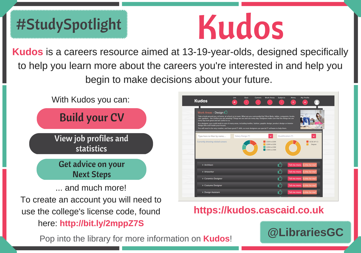 In time for Careers Week, we're looking at Kudos - a great careers resource! #StudySpotlight <a href="/Gloscol/">Gloucestershire College</a> @GCDigiTech ow.ly/4IdD309xMaz