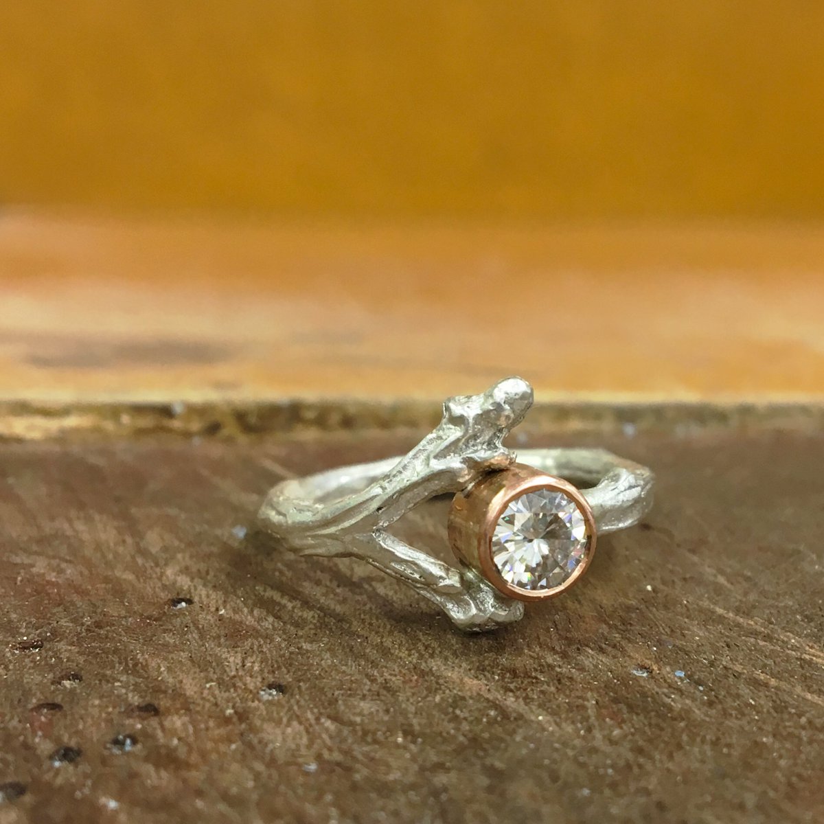 KYoungJewellery's tweet photo. Very excited to have finally set this #moissanite into a handmade twig split shank with 9ct gold bezel setting! Isn't it pretty!? https://t.co/z2gT41iOtb
