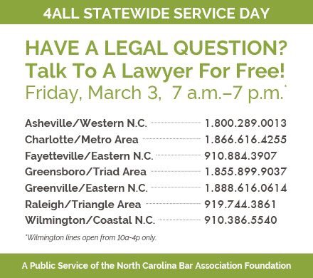 Talk to an NC lawyer free today as part of <a href="/NCBAorg/">North Carolina Bar Association</a> service day #NCBA4ALL