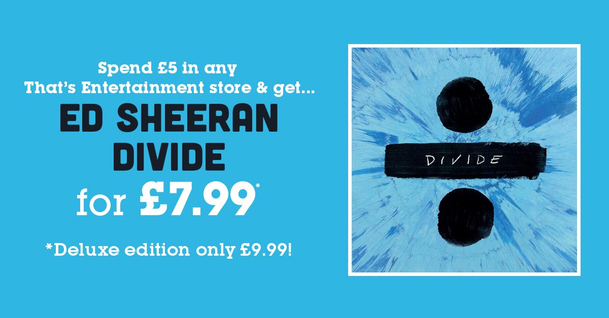 ThatsEntUK's tweet photo. Get @EdSheeran's new album for just £7.99 when you spend £5 in any TE store - including our new store in Hanley! https://t.co/4lxiz17IgQ