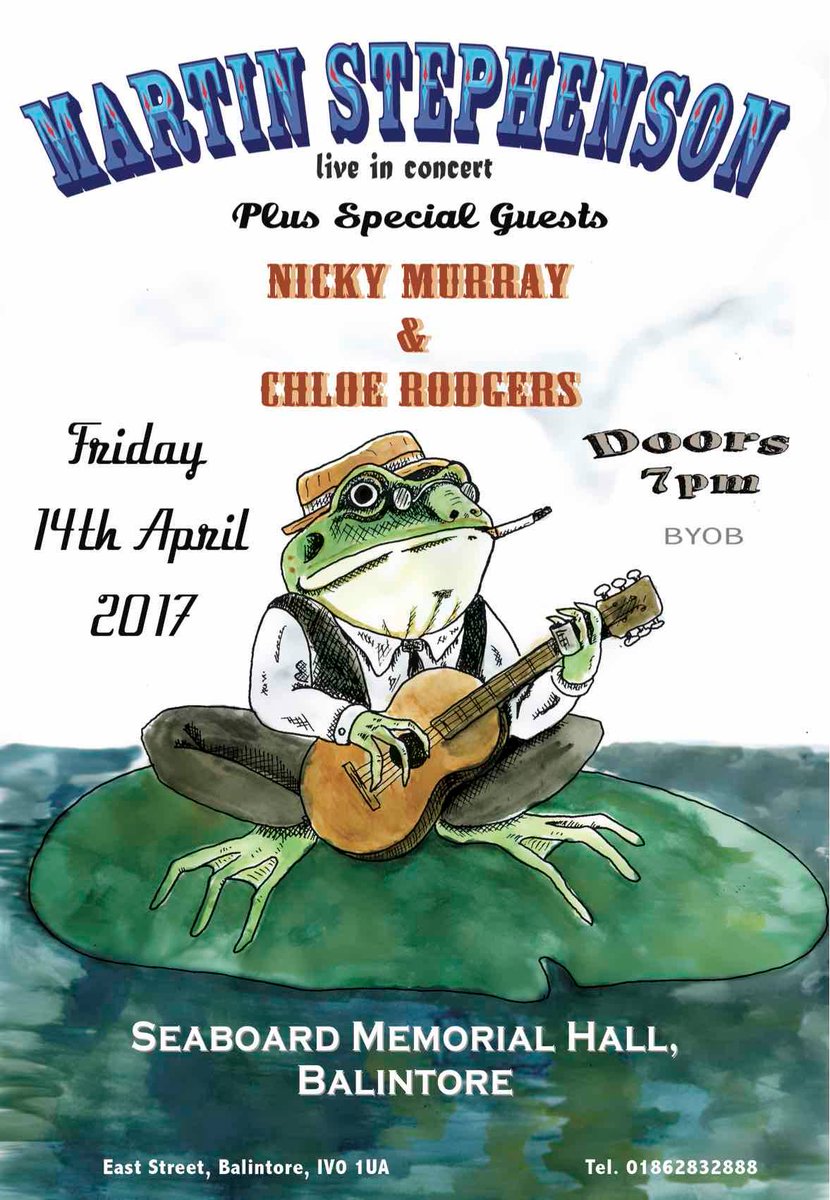 We are delighted to have <a href="/MGStephenson/">Martin G Stephenson</a> perform at the hall on Fri 14th April with support from <a href="/NickyMurray93/">Nicky Murray</a>. Great poster <a href="/feebprints/">Phoebe Stephenson</a>