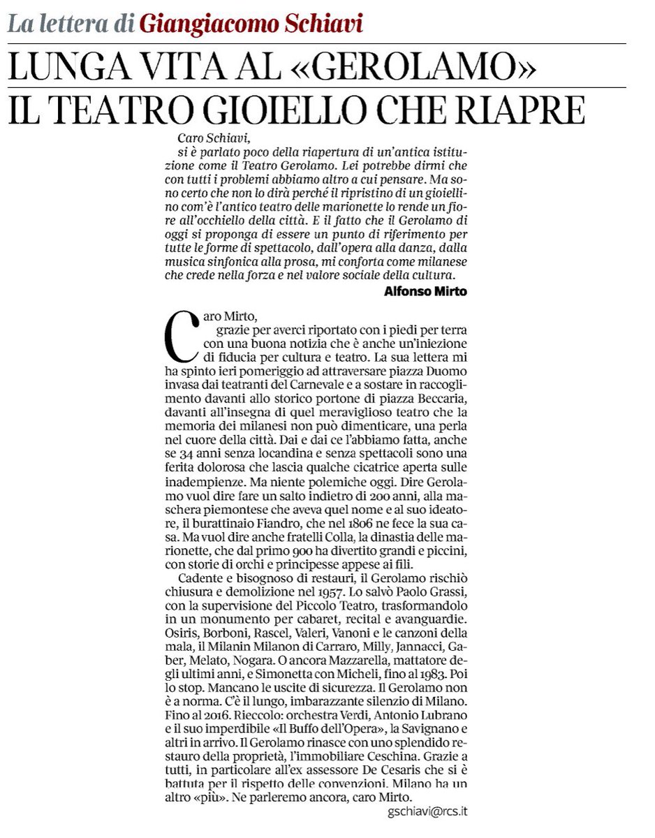 Lunga vita al Gerolamo #teatrogioiello #CorrieredellaSera <a href="/Corriere/">Corriere della Sera</a> <a href="/ggschiavi/">Giangiacomo  Schiavi</a> #milano #teatri