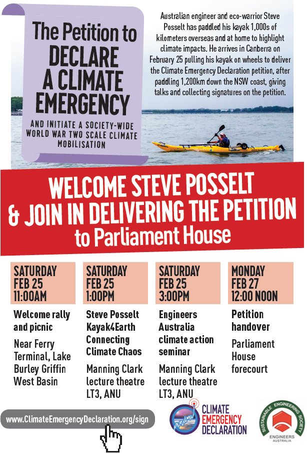 carolinelec's tweet photo. Join me to welcome #ClimateEmergencyDeclaration petition to #CBR tomorrow. Sign if you can't make it https://t.co/AhRseND3En #Kayak4Earth https://t.co/AdSVLfnLRL