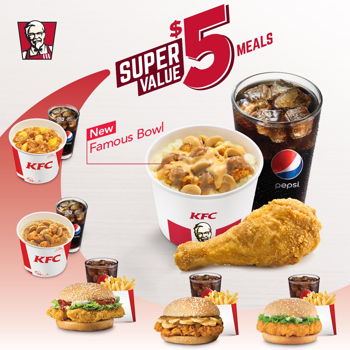 Always on the hunt for the best deal? Never lose with the 6 #KFCSuperValue5 meals featuring our new Famous Bowl meal, at only $5 each!